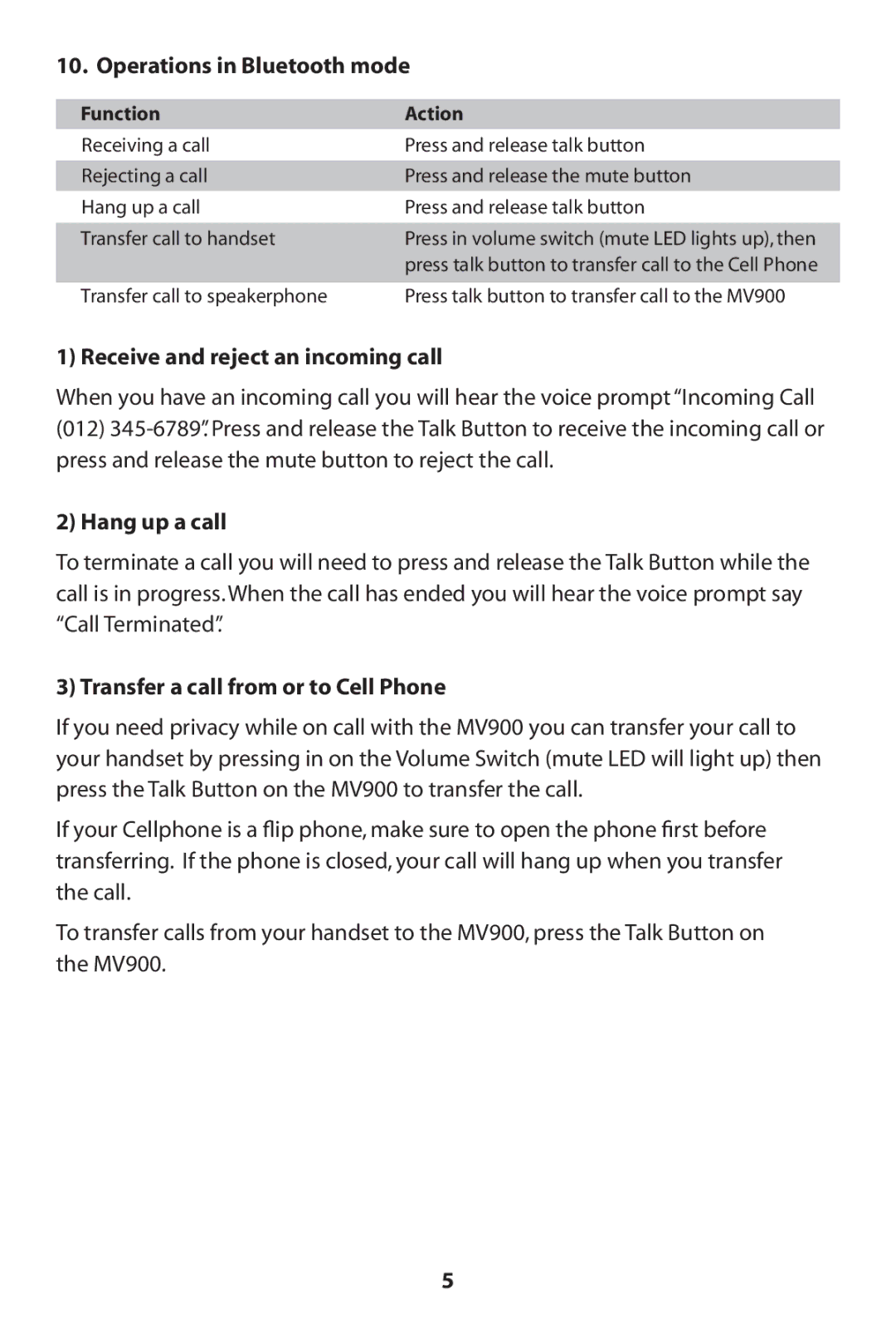MVOX electronic MV900 manual Operations in Bluetooth mode, Function Action 