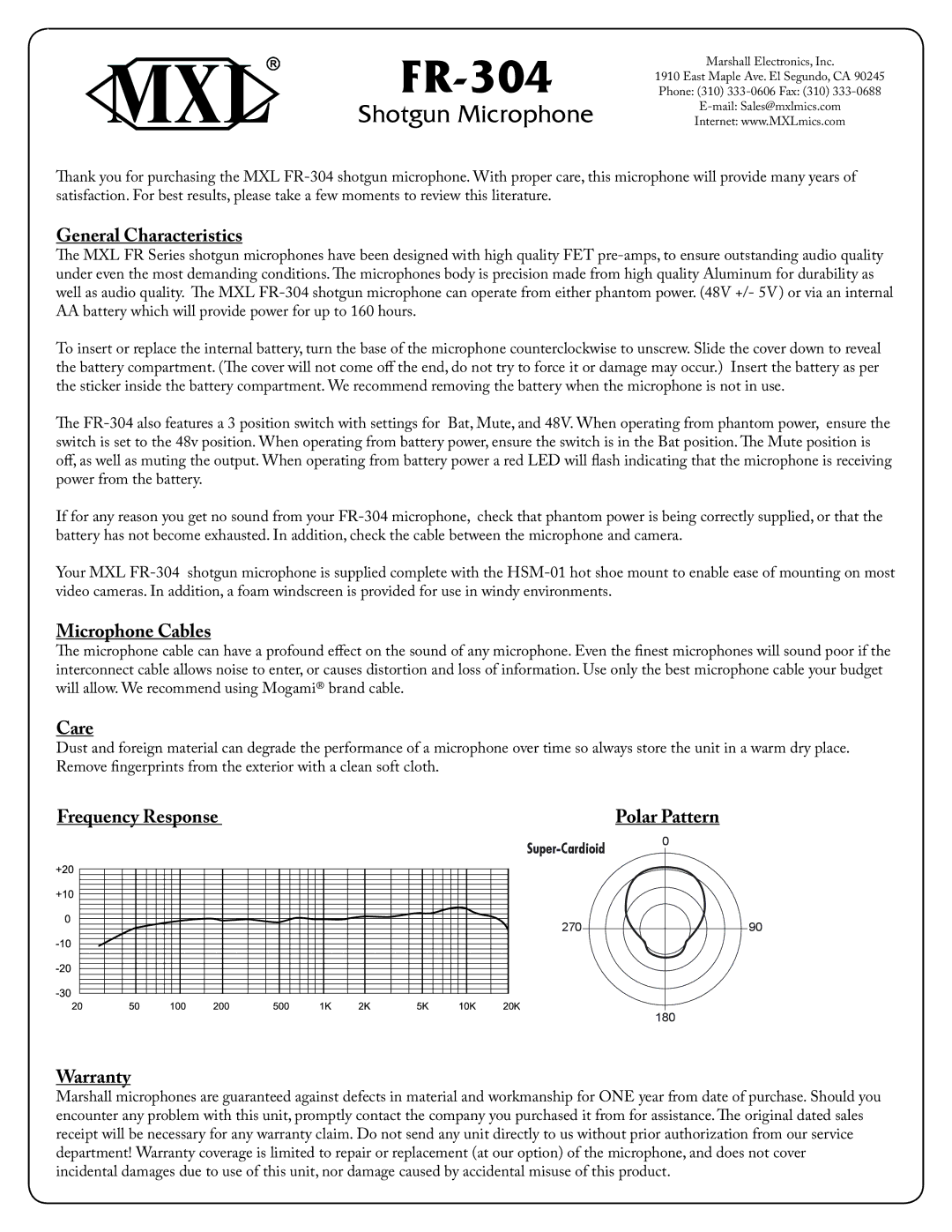 MXL FR-304 warranty Shotgun Microphone 