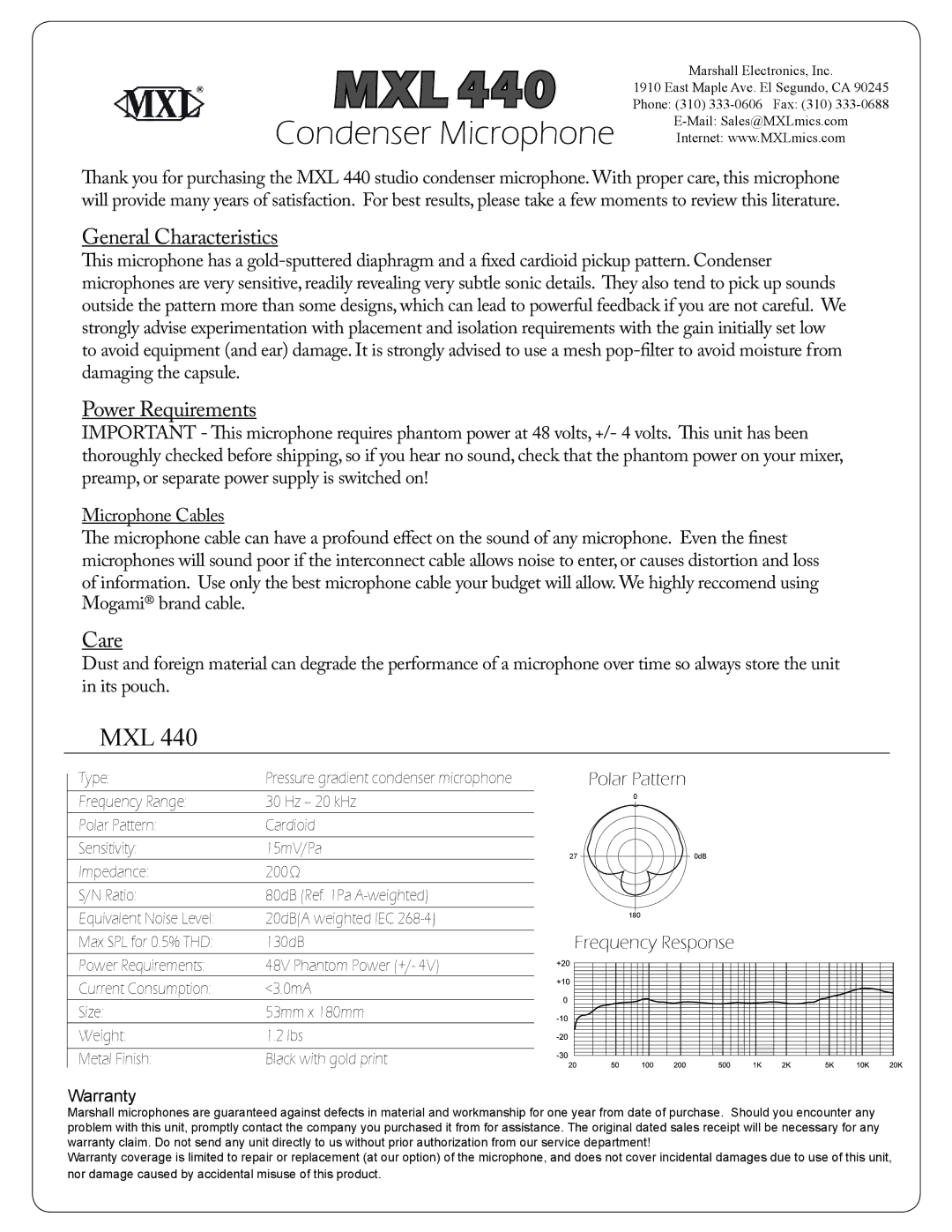 MXL mxl 440 warranty Mxl, Condenser Microphone 