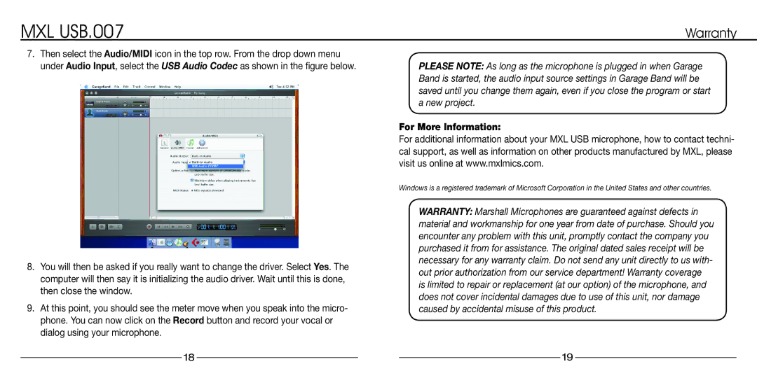 MXL USB.007 manual Warranty, For More Information 