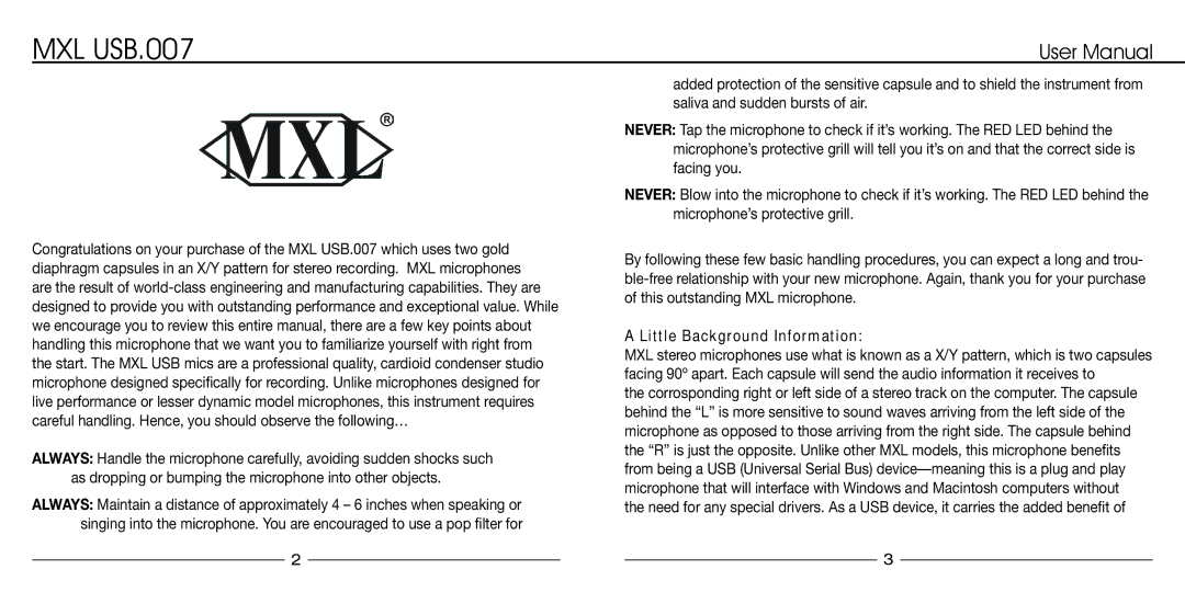 MXL manual MXL USB.007, Little Background Information 