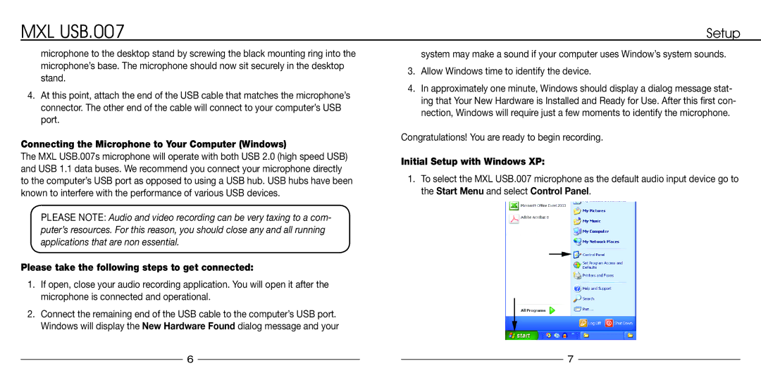 MXL USB.007 manual Connecting the Microphone to Your Computer Windows, Please take the following steps to get connected 