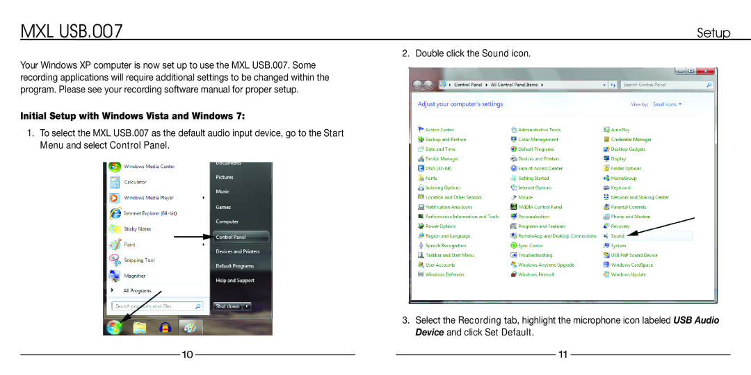 MXL USB.007 manual Initial Setup with Windows Vista and Windows 