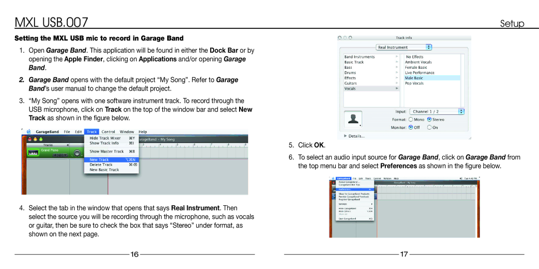 MXL USB.007 manual Setting the MXL USB mic to record in Garage Band 