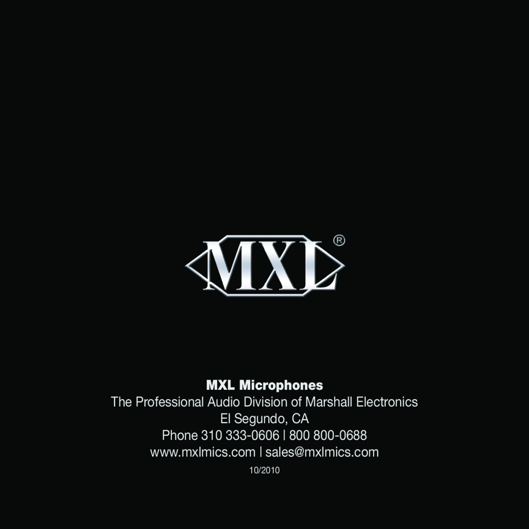 MXL manual MXL USB.007, MXL Microphones, El Segundo, CA Phone, 10/2010 