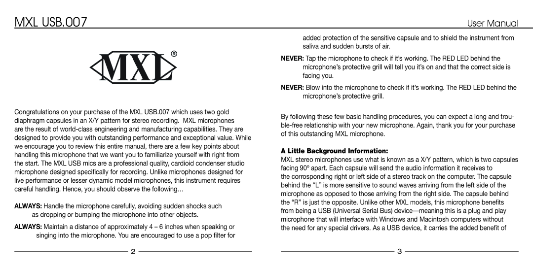 MXL manual MXL USB.007, A Little Background Information 