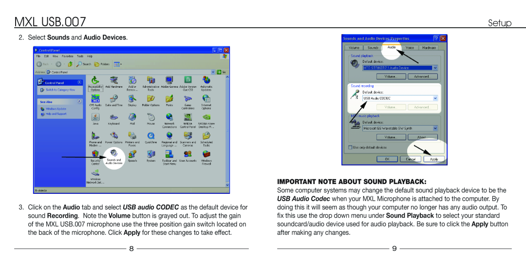 MXL manual Select Sounds and Audio Devices, Important Note About Sound Playback, MXL USB.007, Setup 