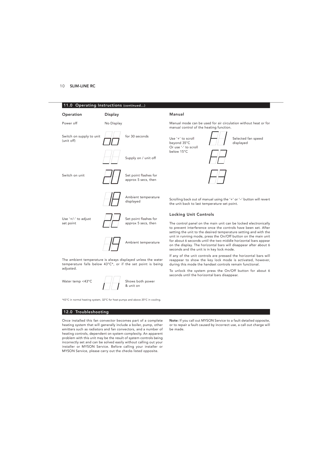 Myson 1370064 manual OperationDisplay, Manual, Troubleshooting, Locking Unit Controls 