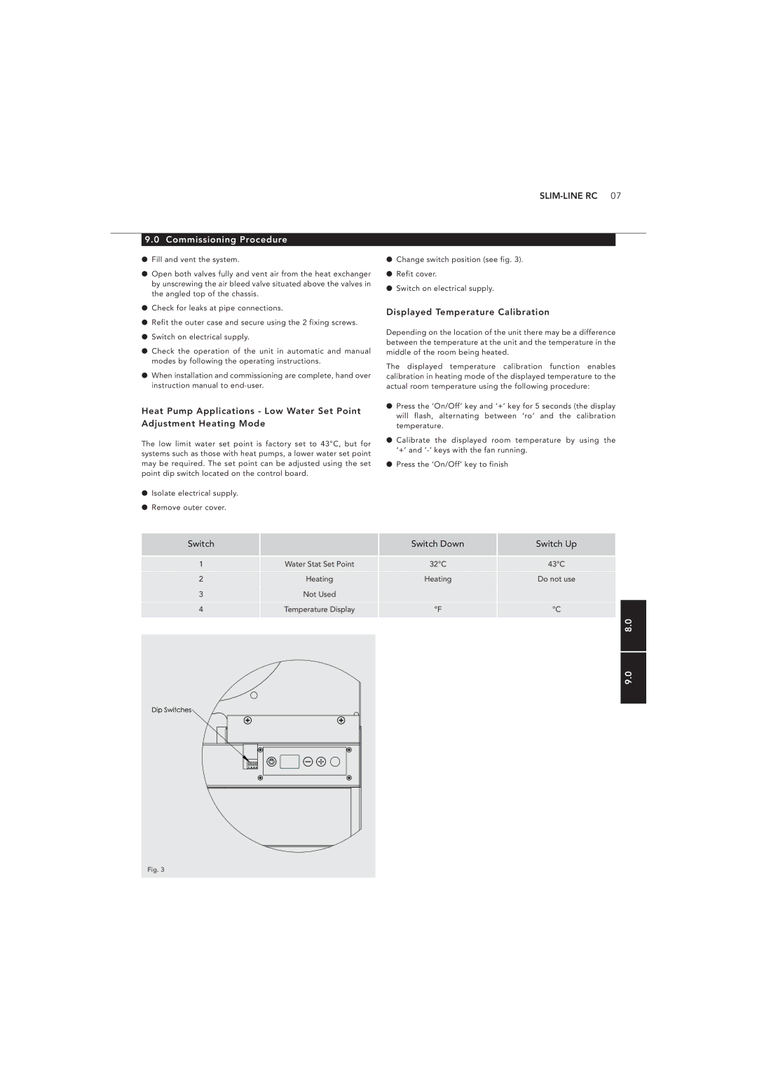 Myson 1370064 manual Commissioning Procedure, Displayed Temperature Calibration, Heat Pump Applications Low Water Set Point 