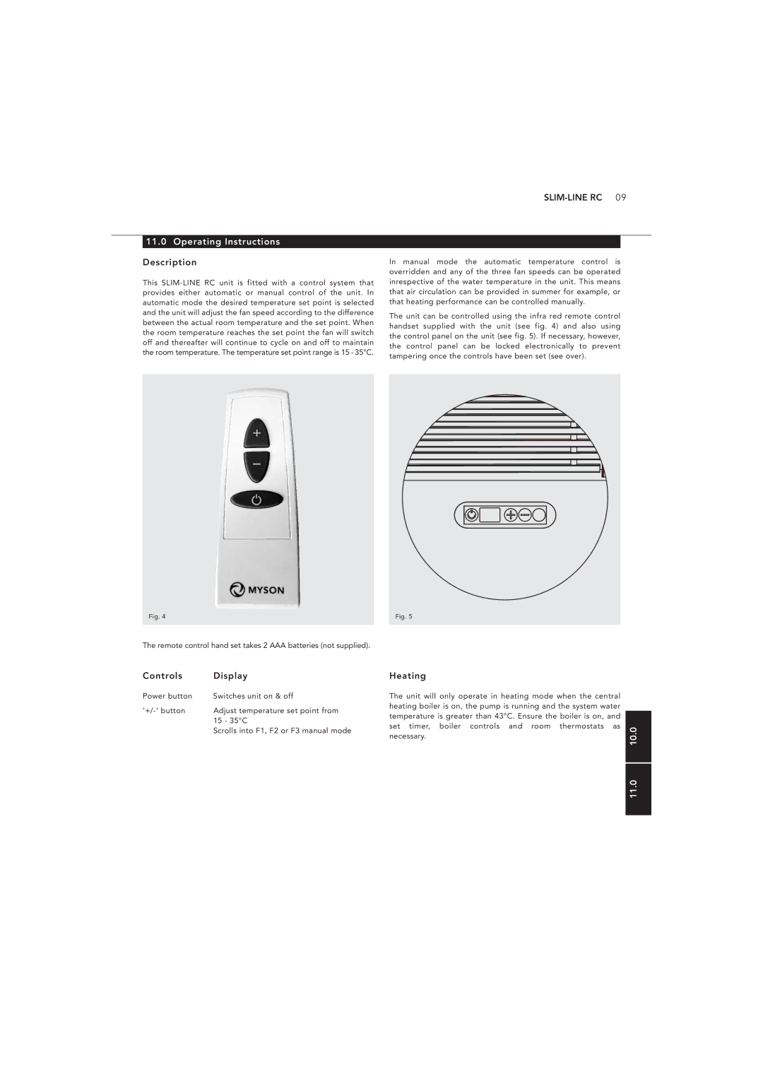 Myson 1370064 manual Operating Instructions, Description, Controls Display, Heating, 10.0 11.0 