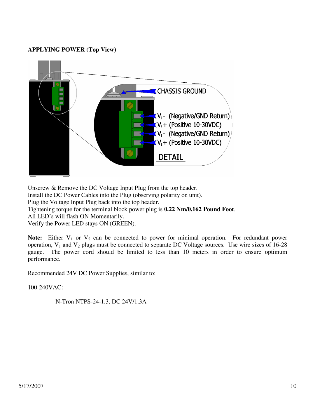 N-Tron 100 Series user manual Applying Power Top View 