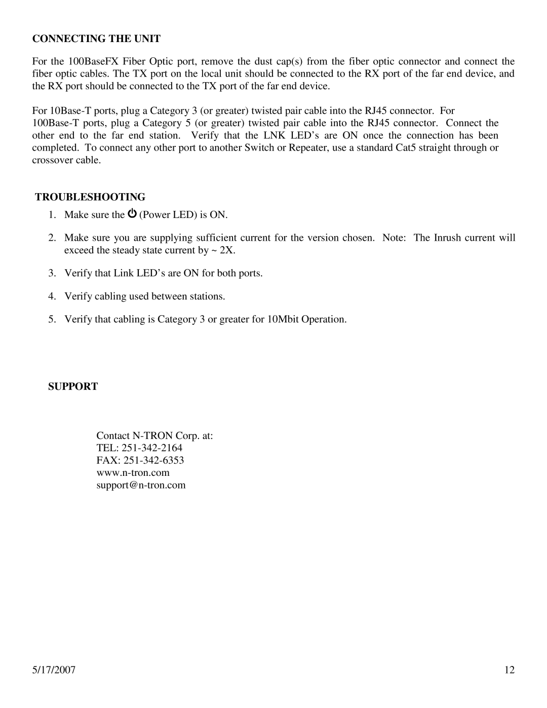 N-Tron 100 Series user manual Connecting the Unit, Troubleshooting, Support 