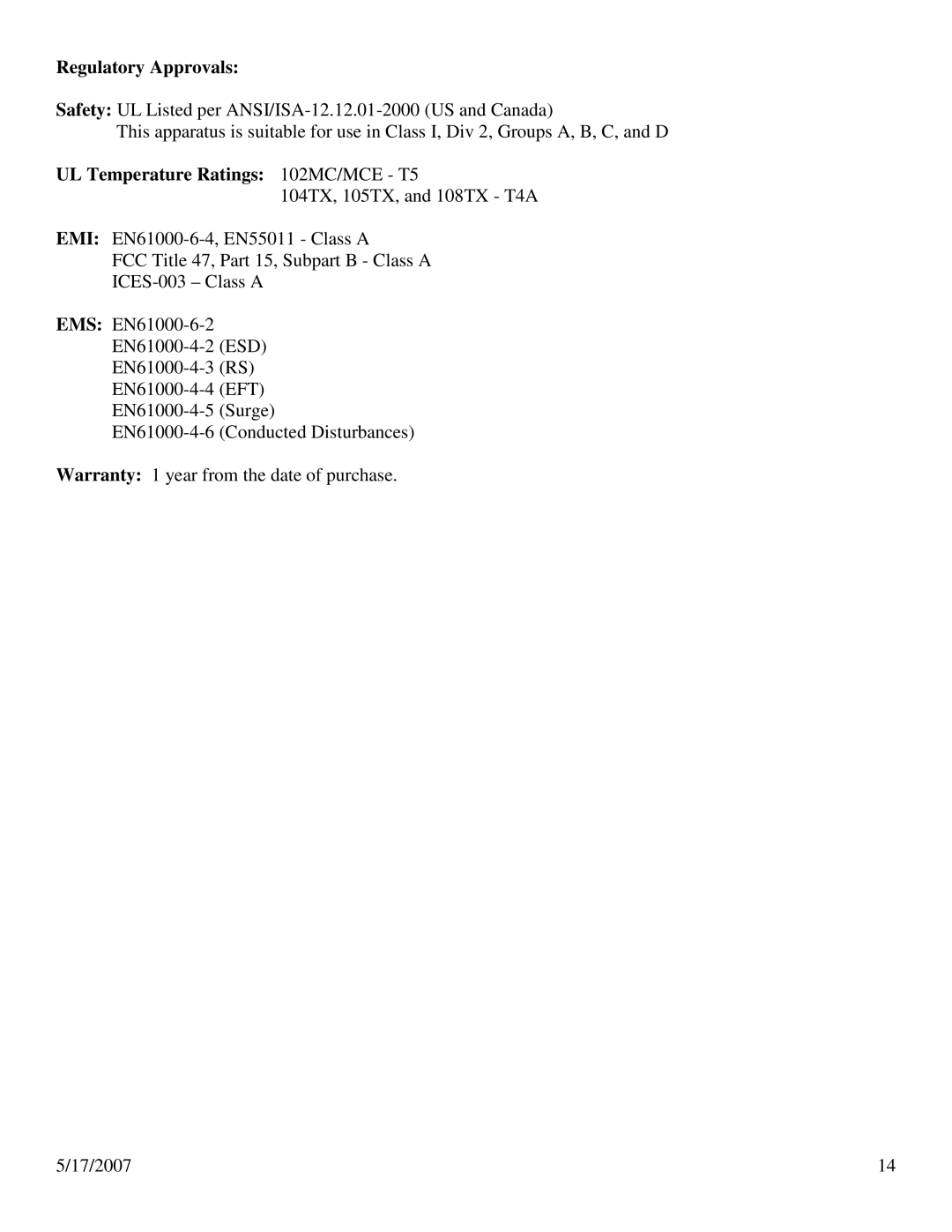 N-Tron 100 Series user manual Regulatory Approvals, UL Temperature Ratings 102MC/MCE T5 