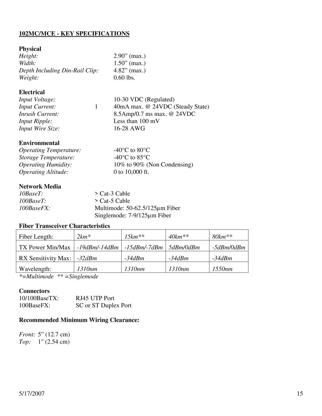 N-Tron 100 Series user manual 102MC/MCE KEY Specifications, Recommended Minimum Wiring Clearance 