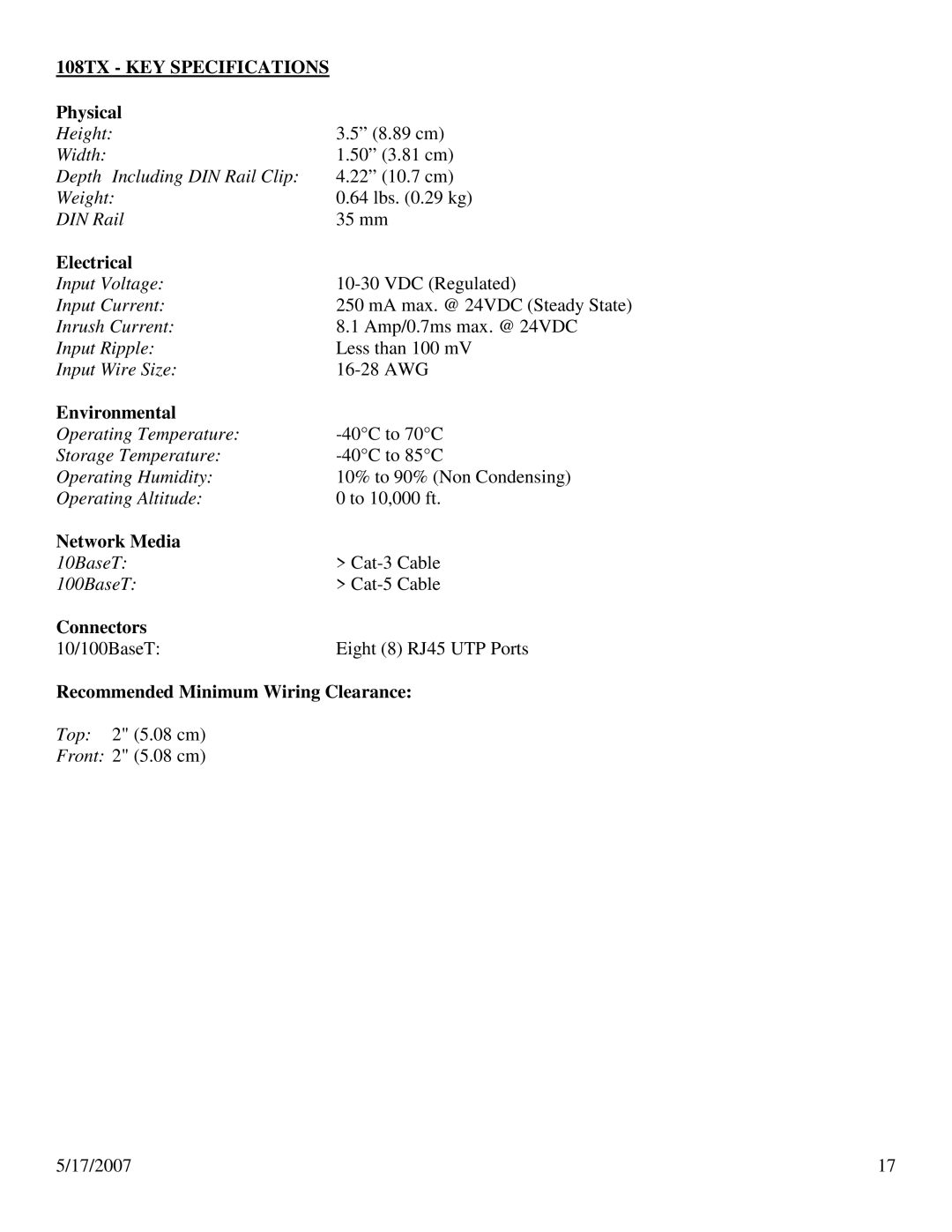 N-Tron 100 Series user manual 108TX KEY Specifications 