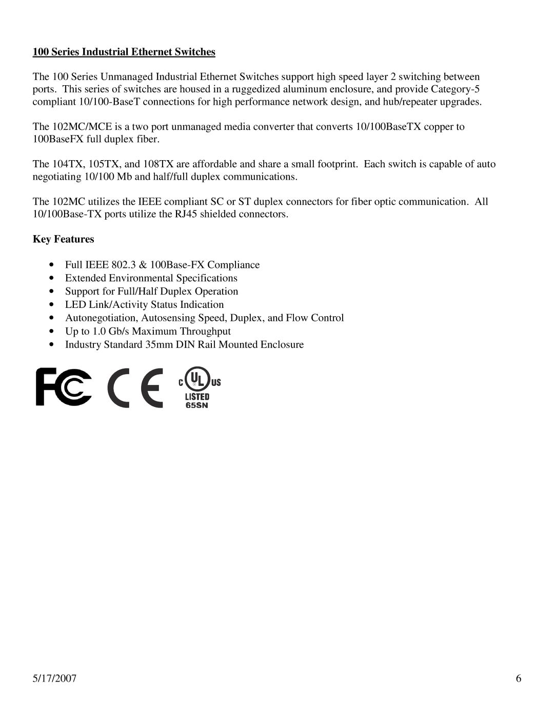 N-Tron 100 Series user manual Series Industrial Ethernet Switches, Key Features 