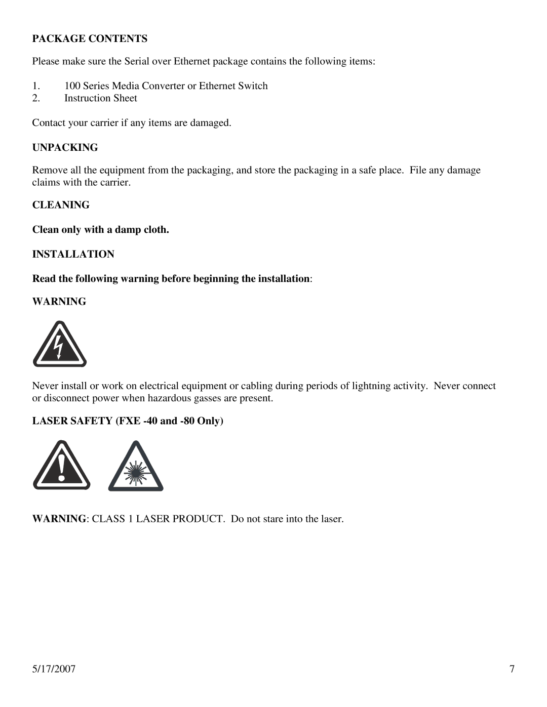 N-Tron 100 Series user manual Package Contents, Unpacking, Cleaning, Installation 