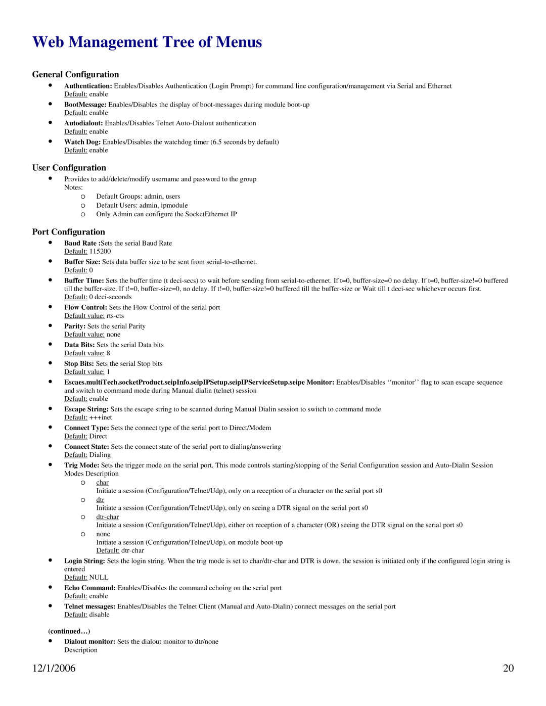 N-Tron 102PC-SE user manual Web Management Tree of Menus, General Configuration, User Configuration, Port Configuration 