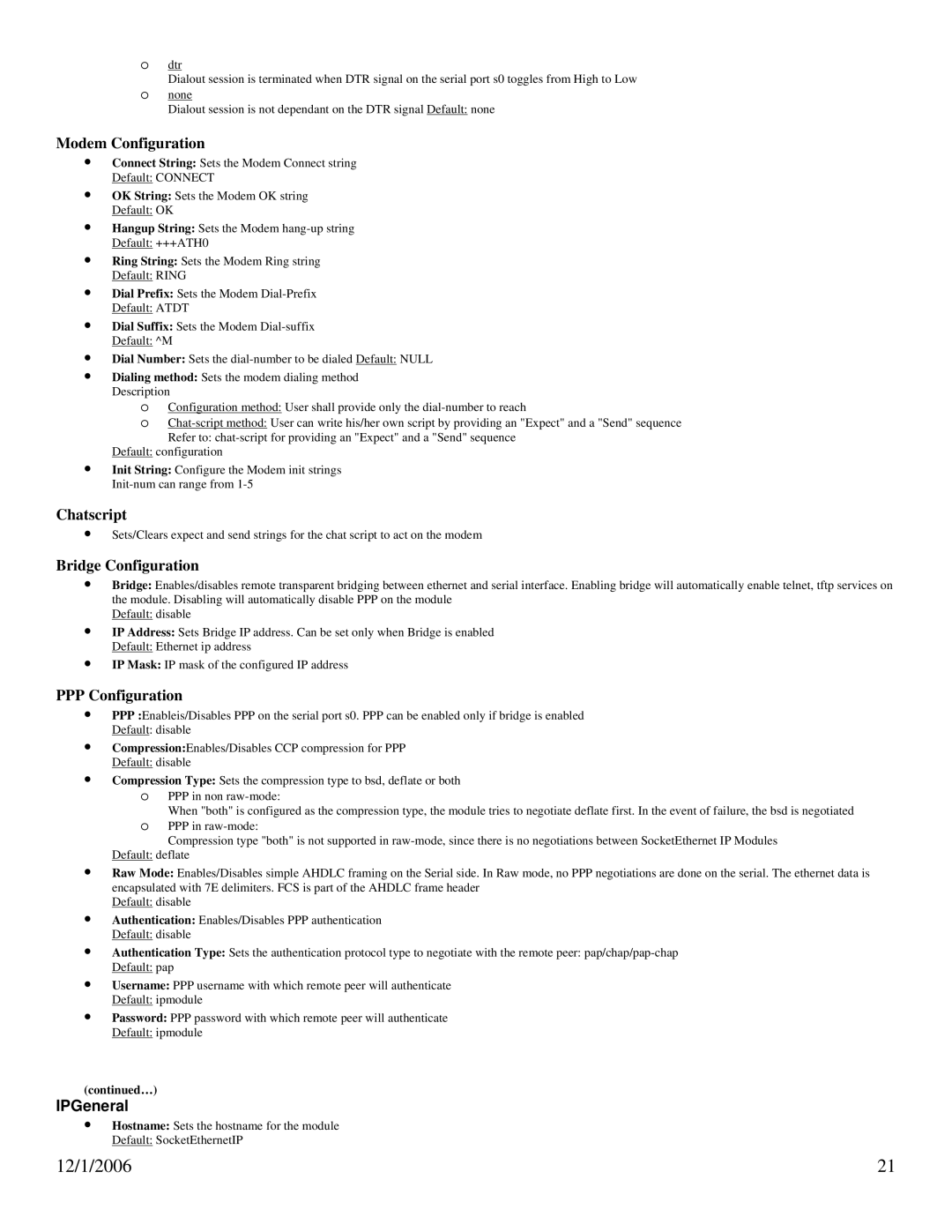 N-Tron 102PC-SE user manual Modem Configuration, Chatscript, Bridge Configuration, PPP Configuration 