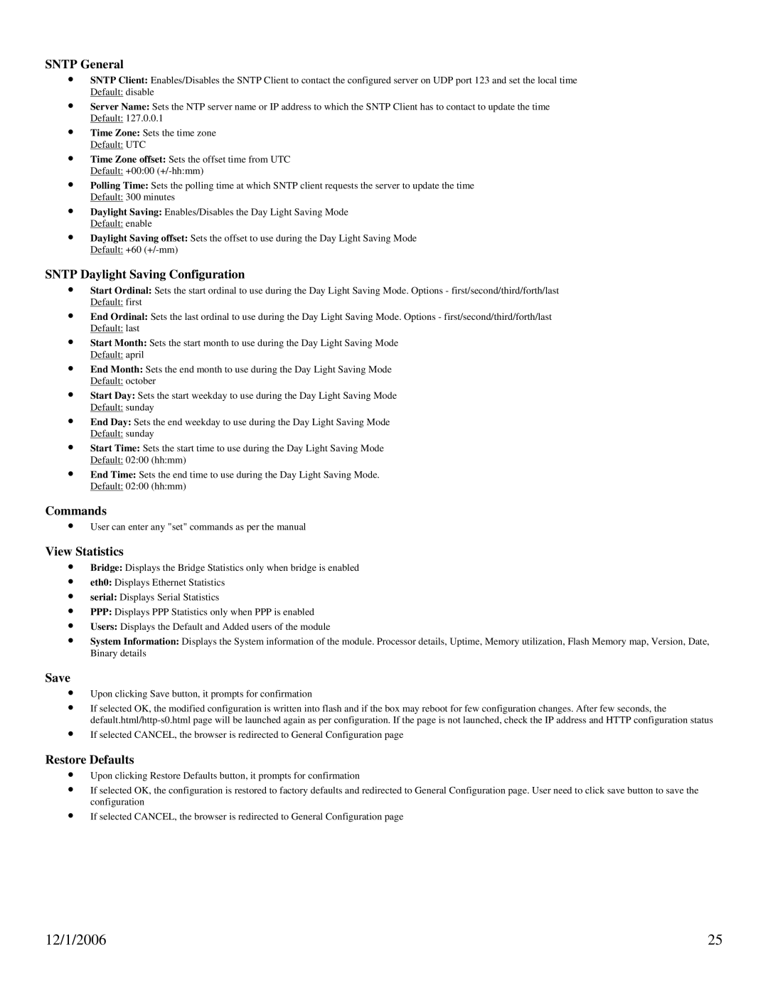 N-Tron 102PC-SE Sntp General, Sntp Daylight Saving Configuration, Commands, View Statistics, Save, Restore Defaults 