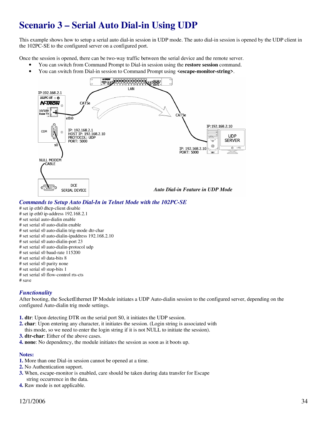 N-Tron 102PC-SE user manual Scenario 3 Serial Auto Dial-in Using UDP, Functionality 