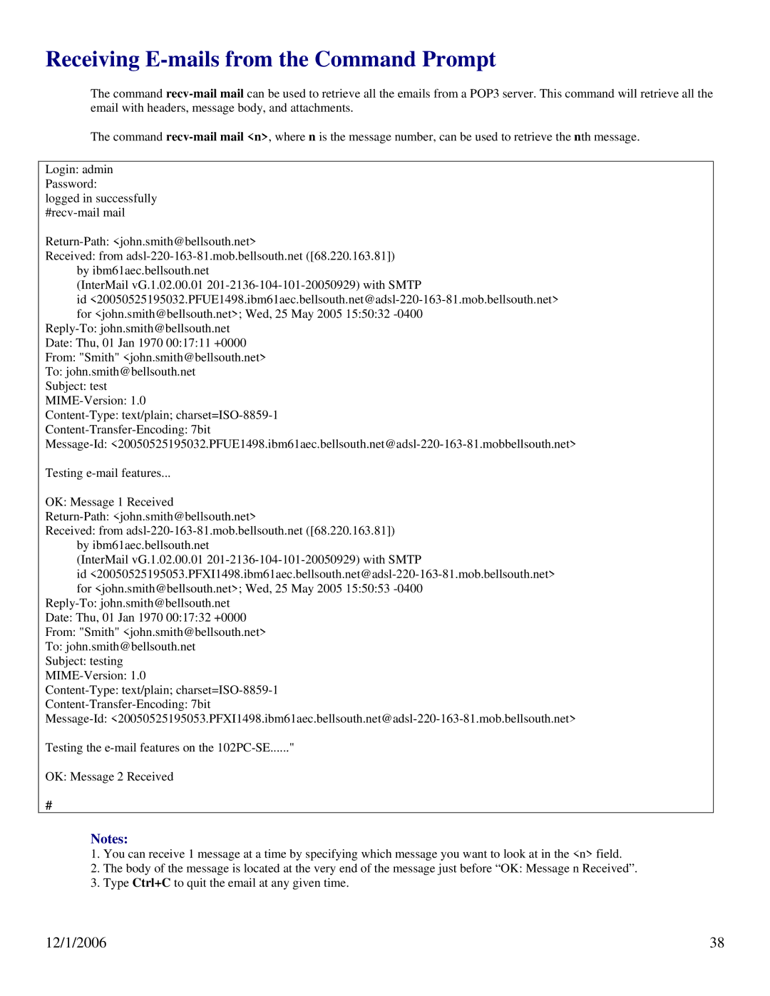 N-Tron 102PC-SE user manual Receiving E-mails from the Command Prompt 