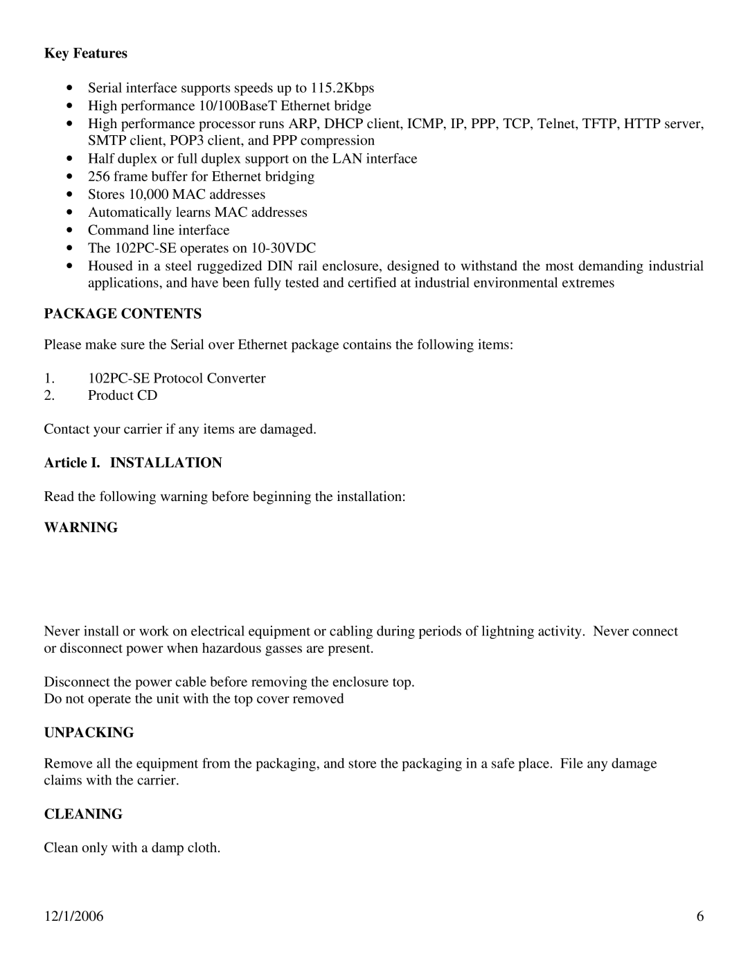 N-Tron 102PC-SE user manual Package Contents, Unpacking, Cleaning 