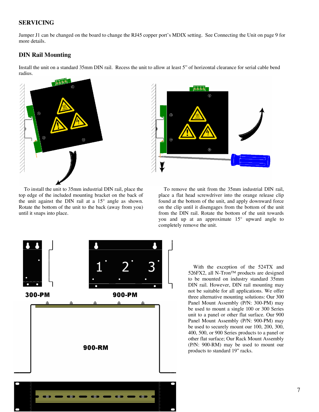 N-Tron 102PC-SE user manual Servicing, DIN Rail Mounting 