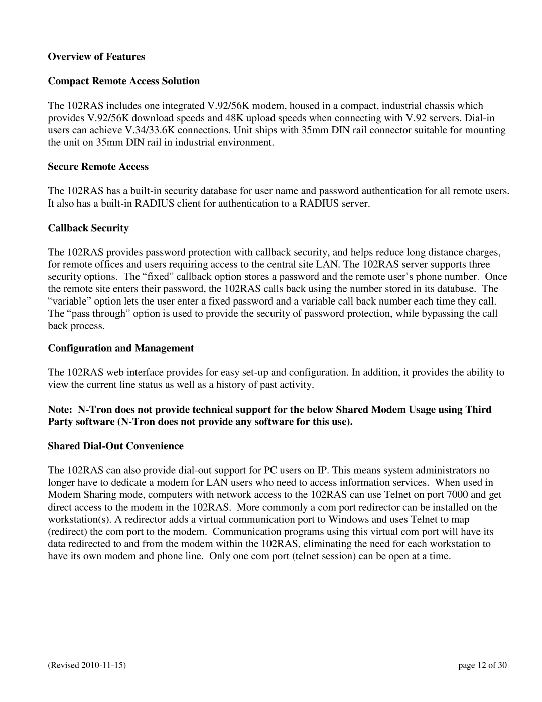 N-Tron 102RAS user manual Overview of Features Compact Remote Access Solution, Secure Remote Access, Callback Security 