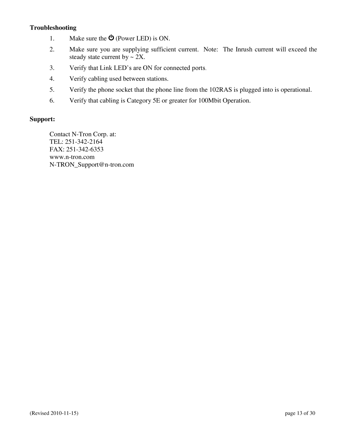 N-Tron 102RAS user manual Troubleshooting, Support 