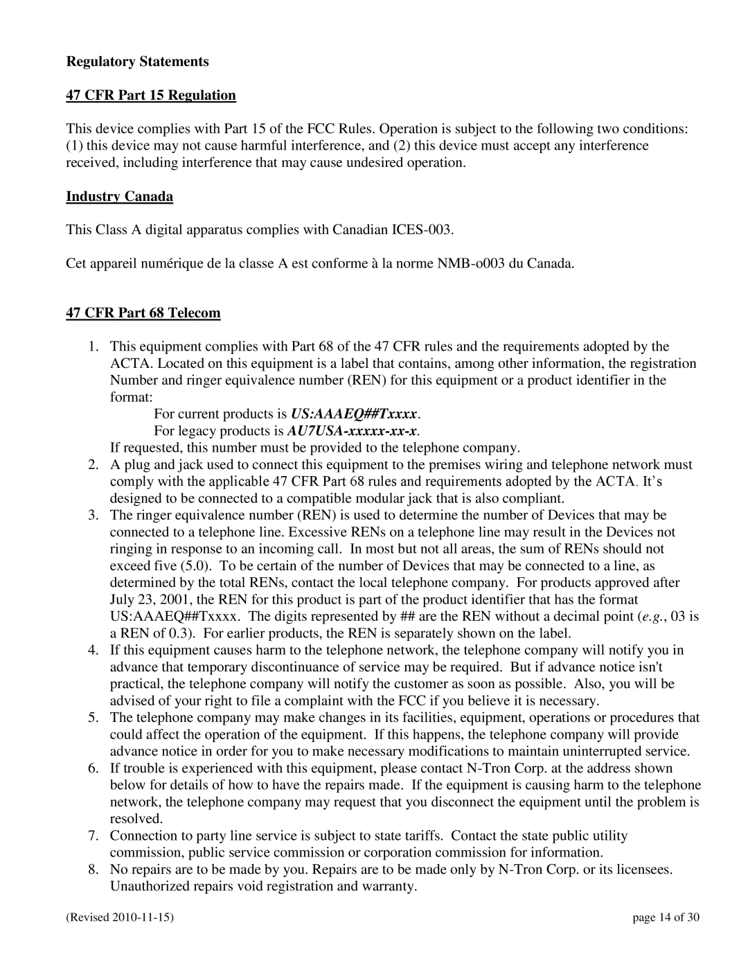 N-Tron 102RAS user manual Regulatory Statements CFR Part 15 Regulation, Industry Canada, CFR Part 68 Telecom 