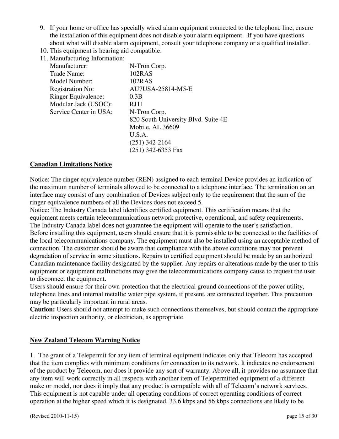 N-Tron 102RAS user manual Canadian Limitations Notice, New Zealand Telecom Warning Notice 