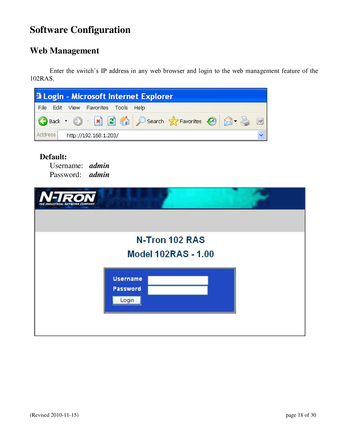 N-Tron 102RAS user manual Software Configuration, Web Management 