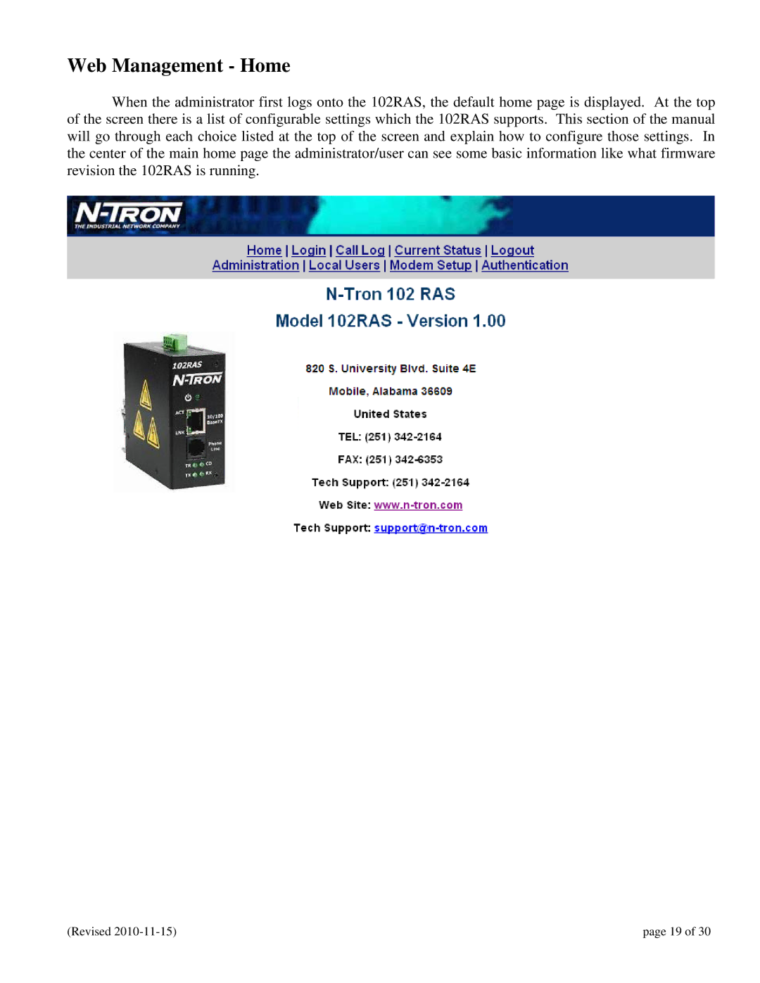 N-Tron 102RAS user manual Web Management Home 