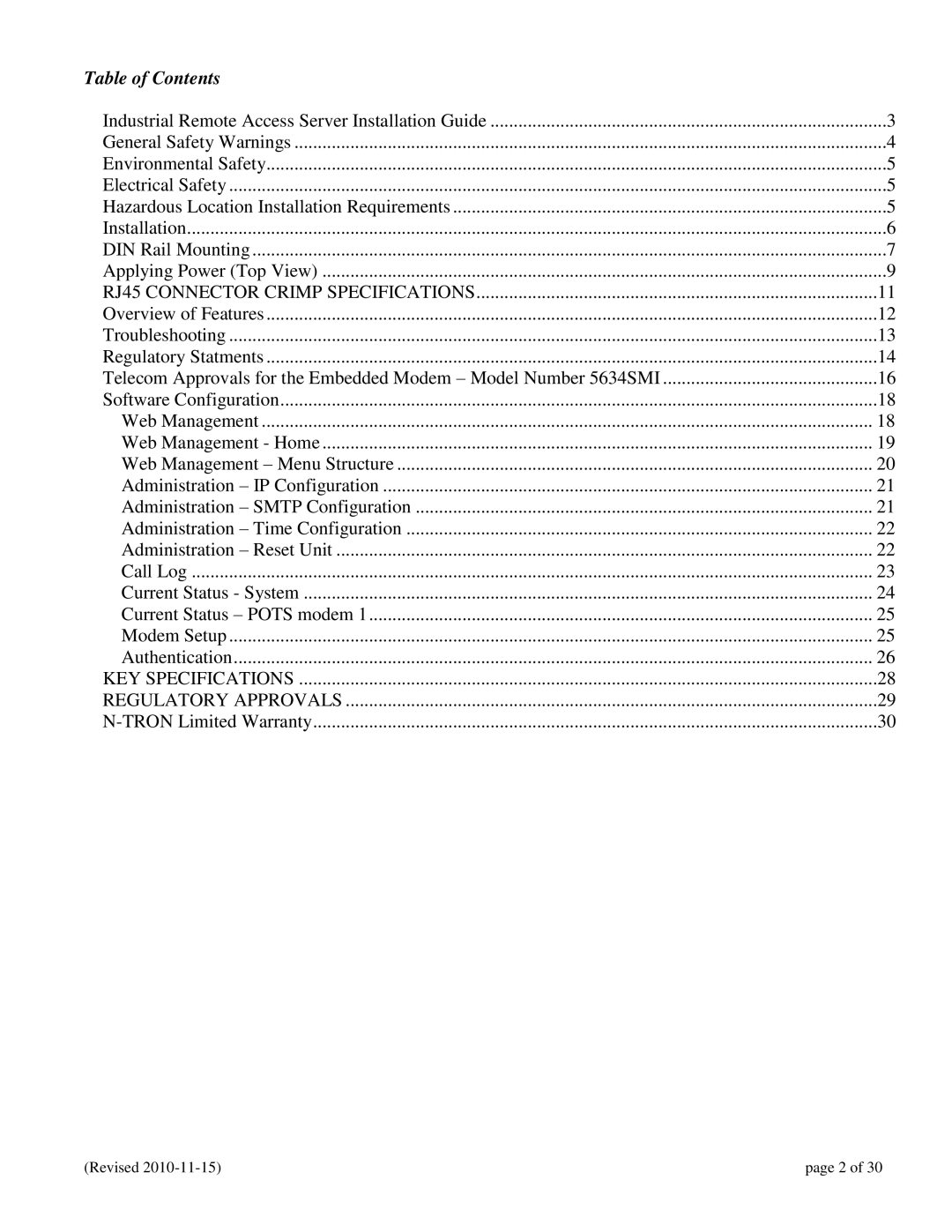 N-Tron 102RAS user manual Table of Contents 