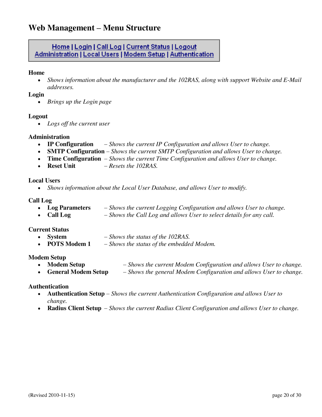 N-Tron 102RAS user manual Web Management Menu Structure 