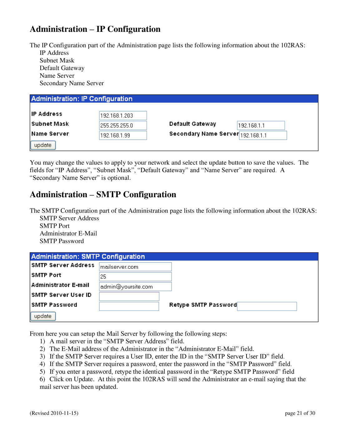 N-Tron 102RAS user manual Administration IP Configuration, Administration Smtp Configuration 