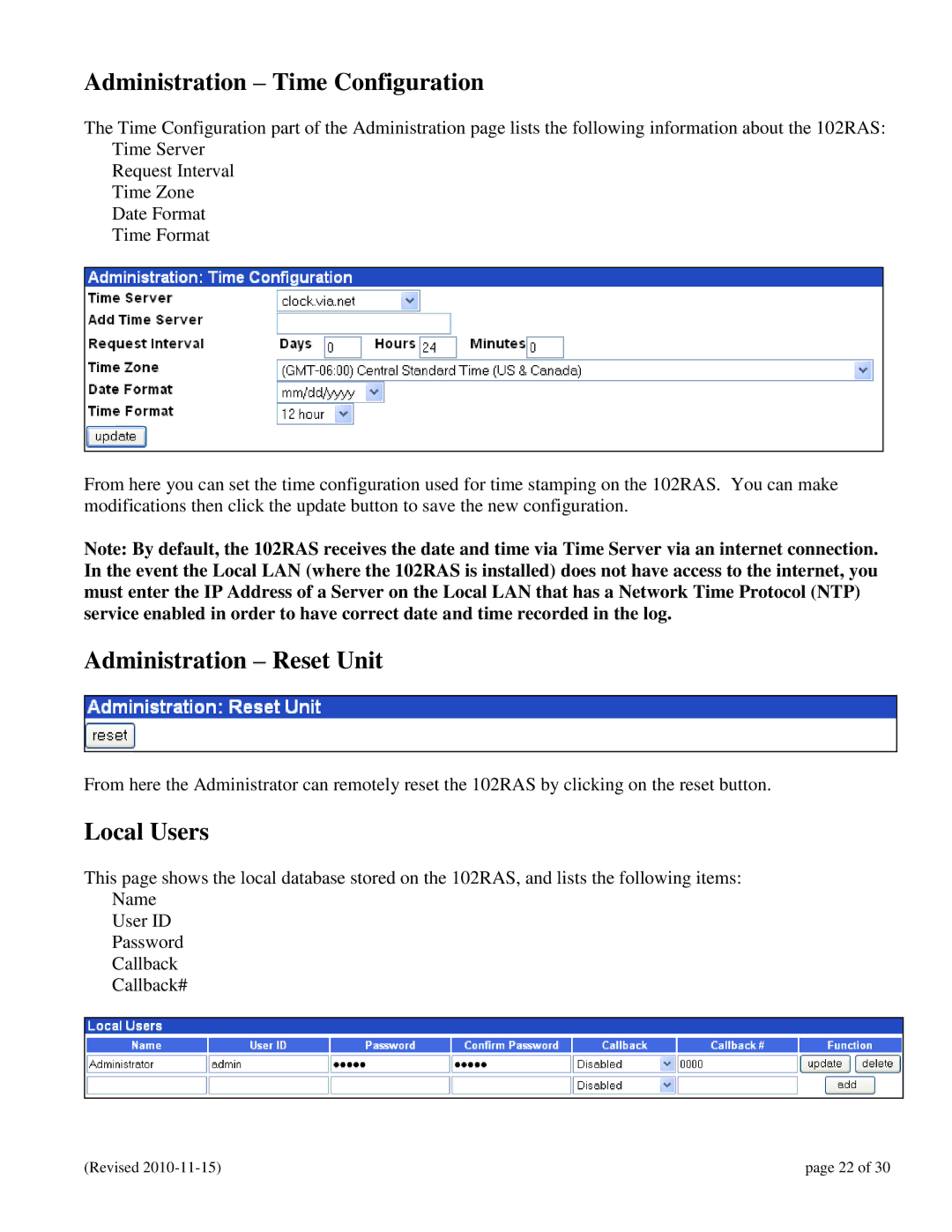 N-Tron 102RAS user manual Administration Time Configuration, Administration Reset Unit, Local Users 