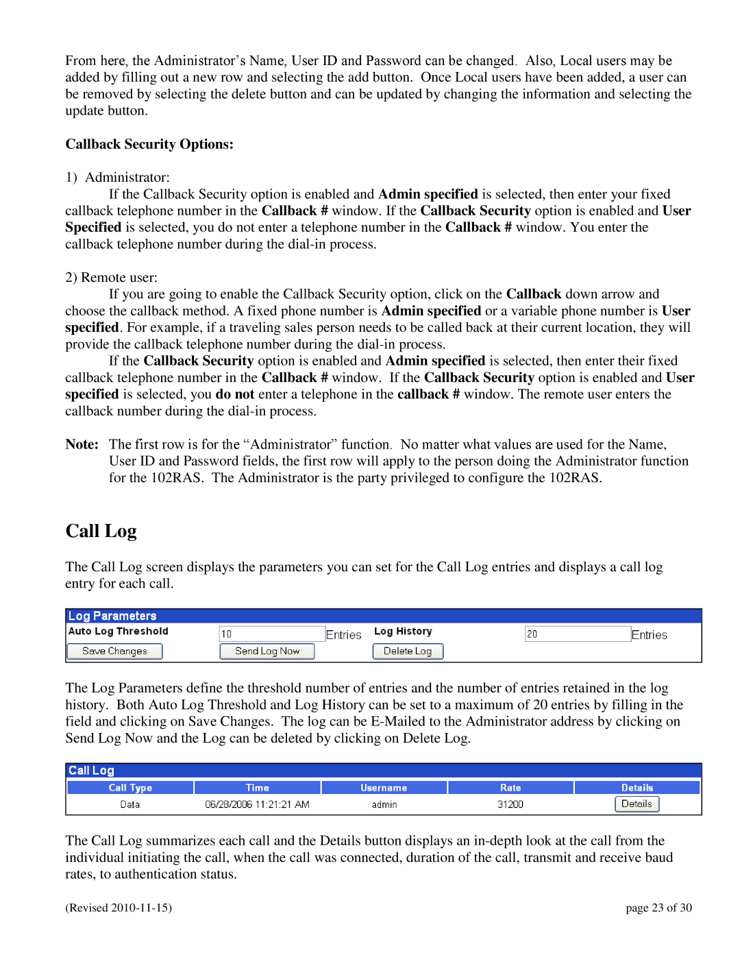 N-Tron 102RAS user manual Call Log, Callback Security Options 