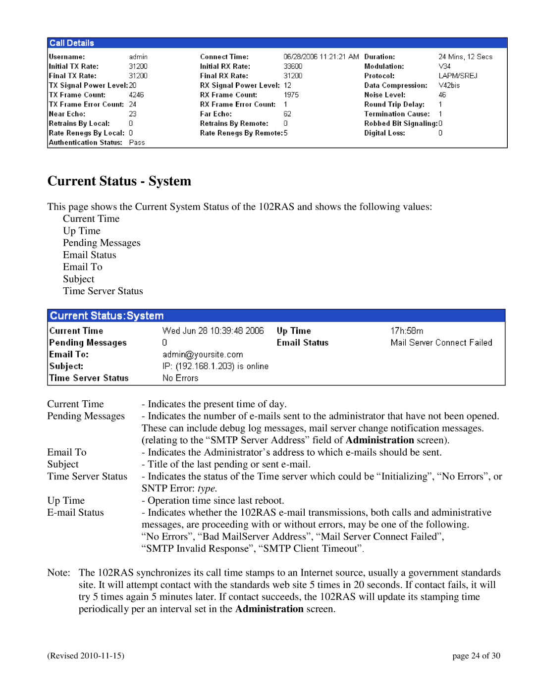 N-Tron 102RAS user manual Current Status System 