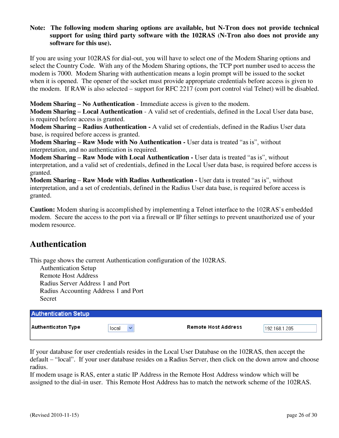 N-Tron 102RAS user manual Authentication 