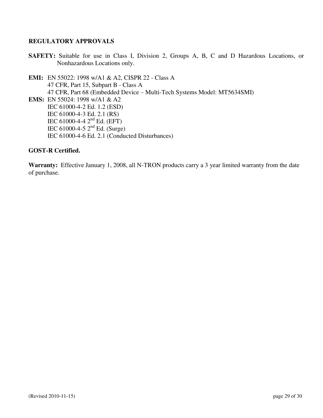 N-Tron 102RAS user manual Regulatory Approvals, GOST-R Certified 