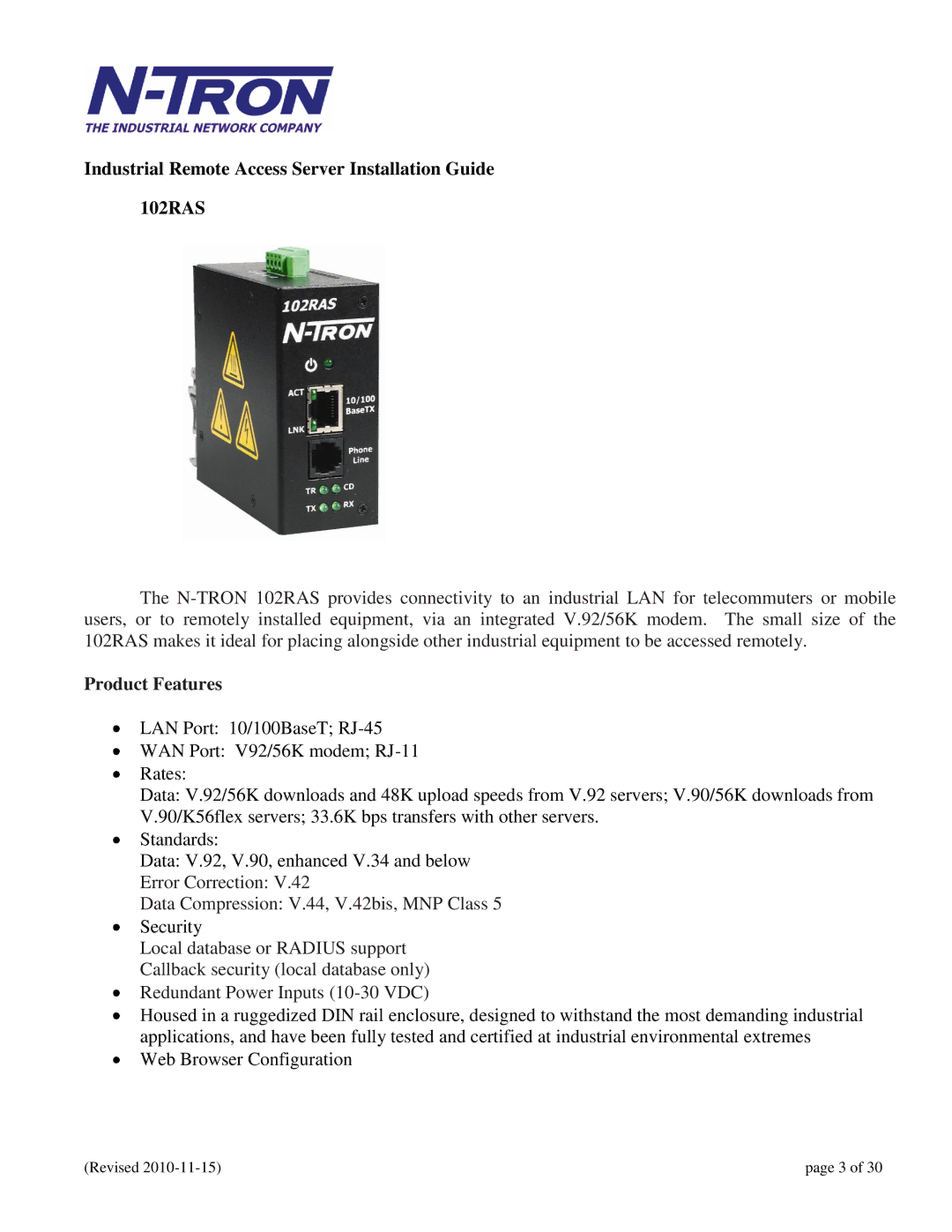 N-Tron user manual Industrial Remote Access Server Installation Guide 102RAS, Product Features 