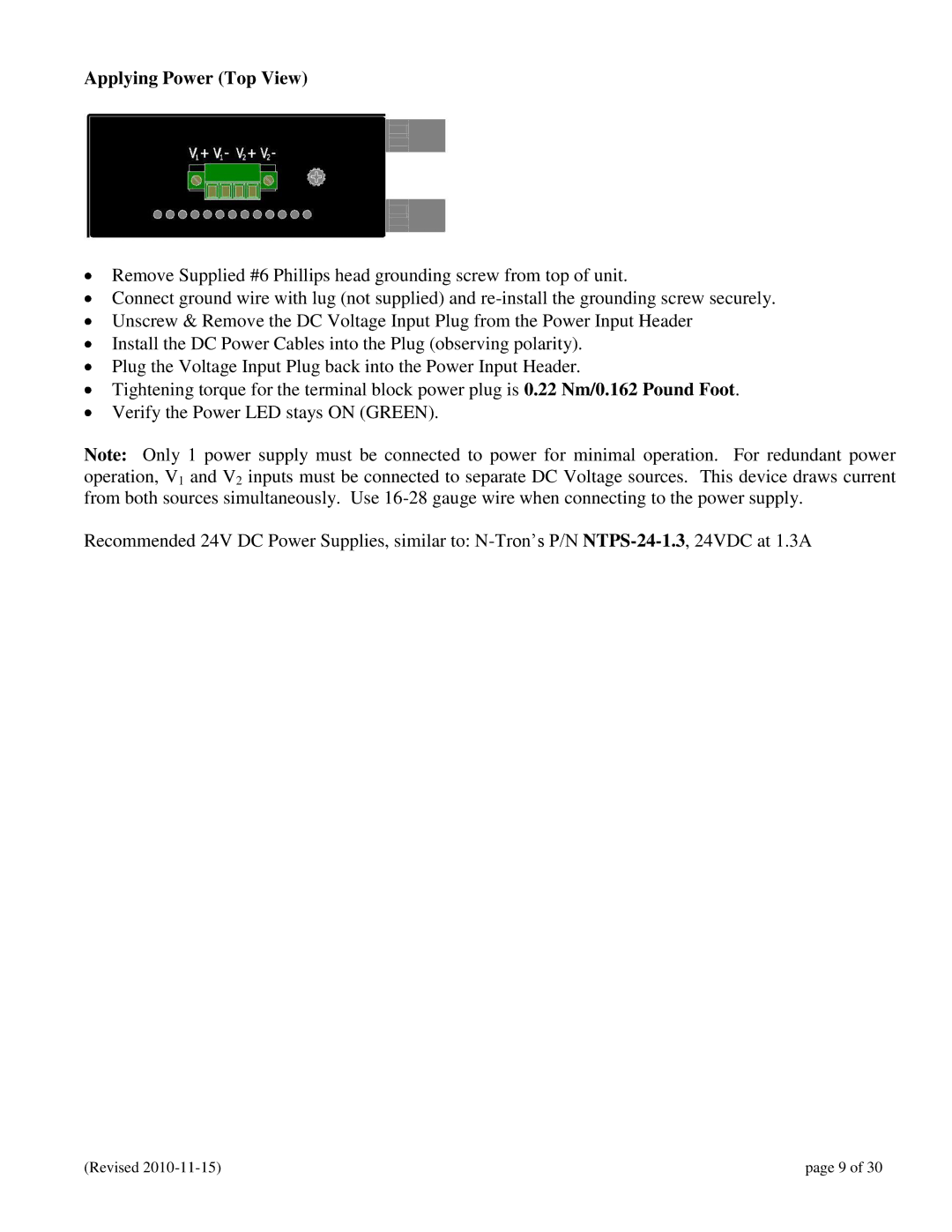 N-Tron 102RAS user manual Applying Power Top View 