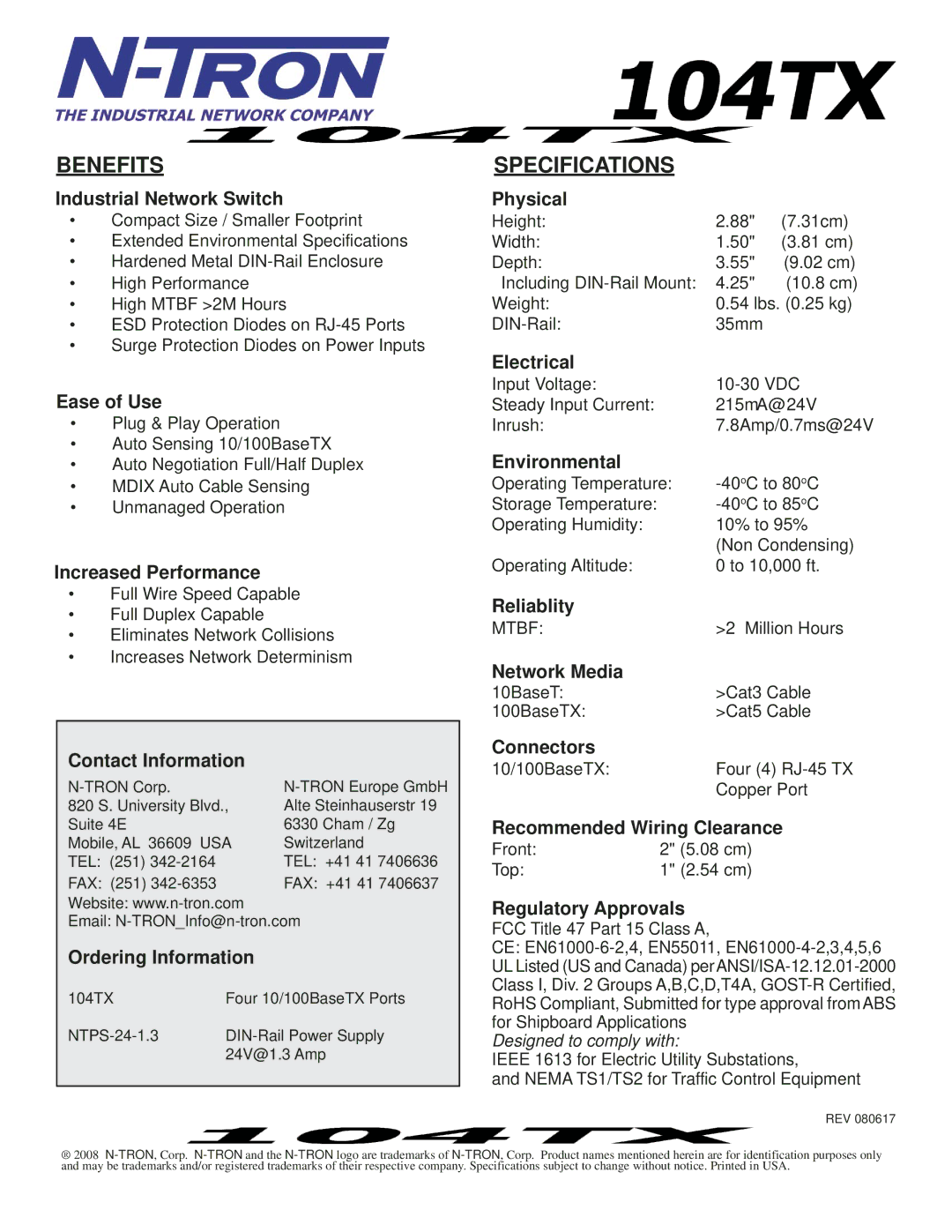 N-Tron 104TX specifications Benefits, Specifications 