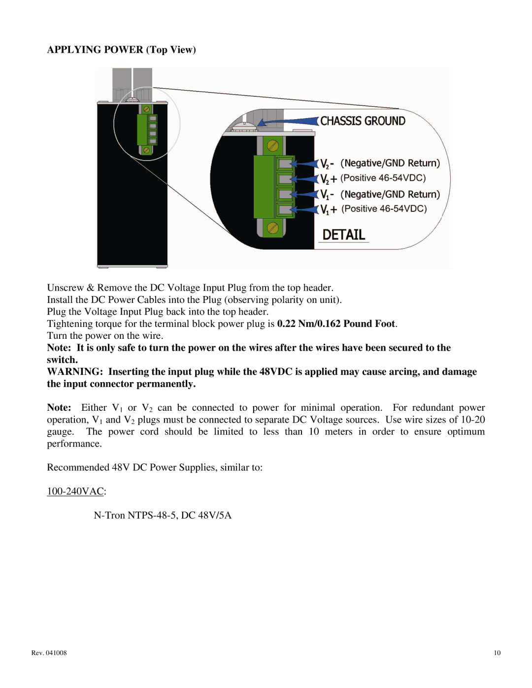 N-Tron 105TX-POE, 105FX-POE user manual Applying Power Top View 