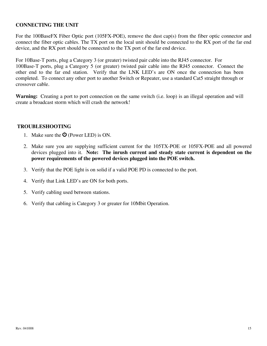 N-Tron 105FX-POE, 105TX-POE user manual Connecting the Unit, Troubleshooting 