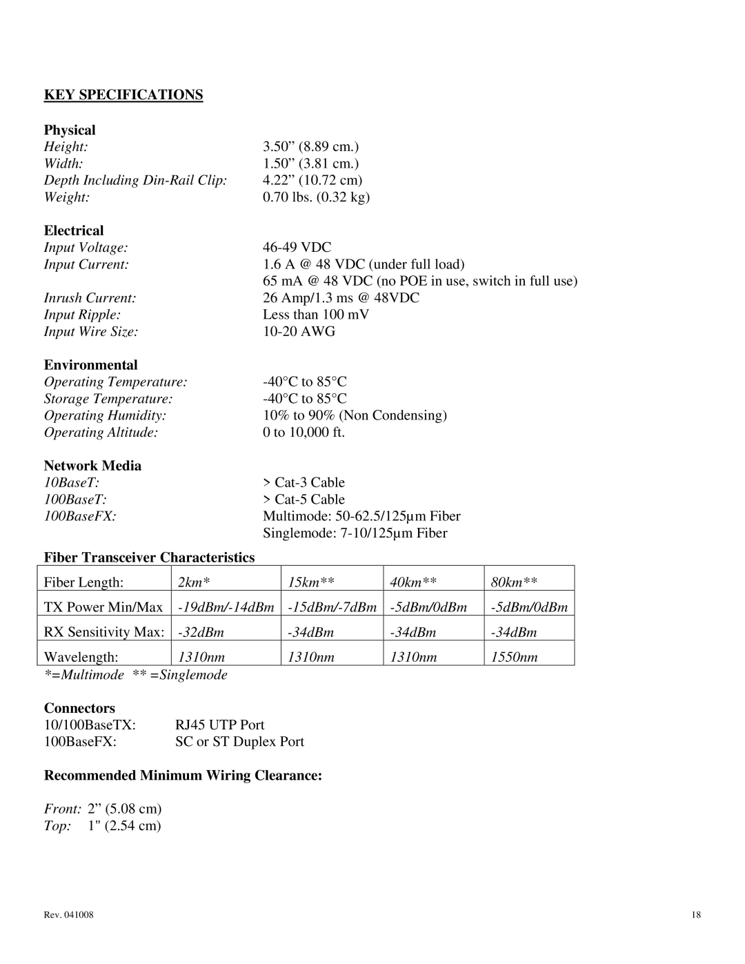 N-Tron 105TX-POE, 105FX-POE user manual Fiber Transceiver Characteristics, Connectors, Recommended Minimum Wiring Clearance 