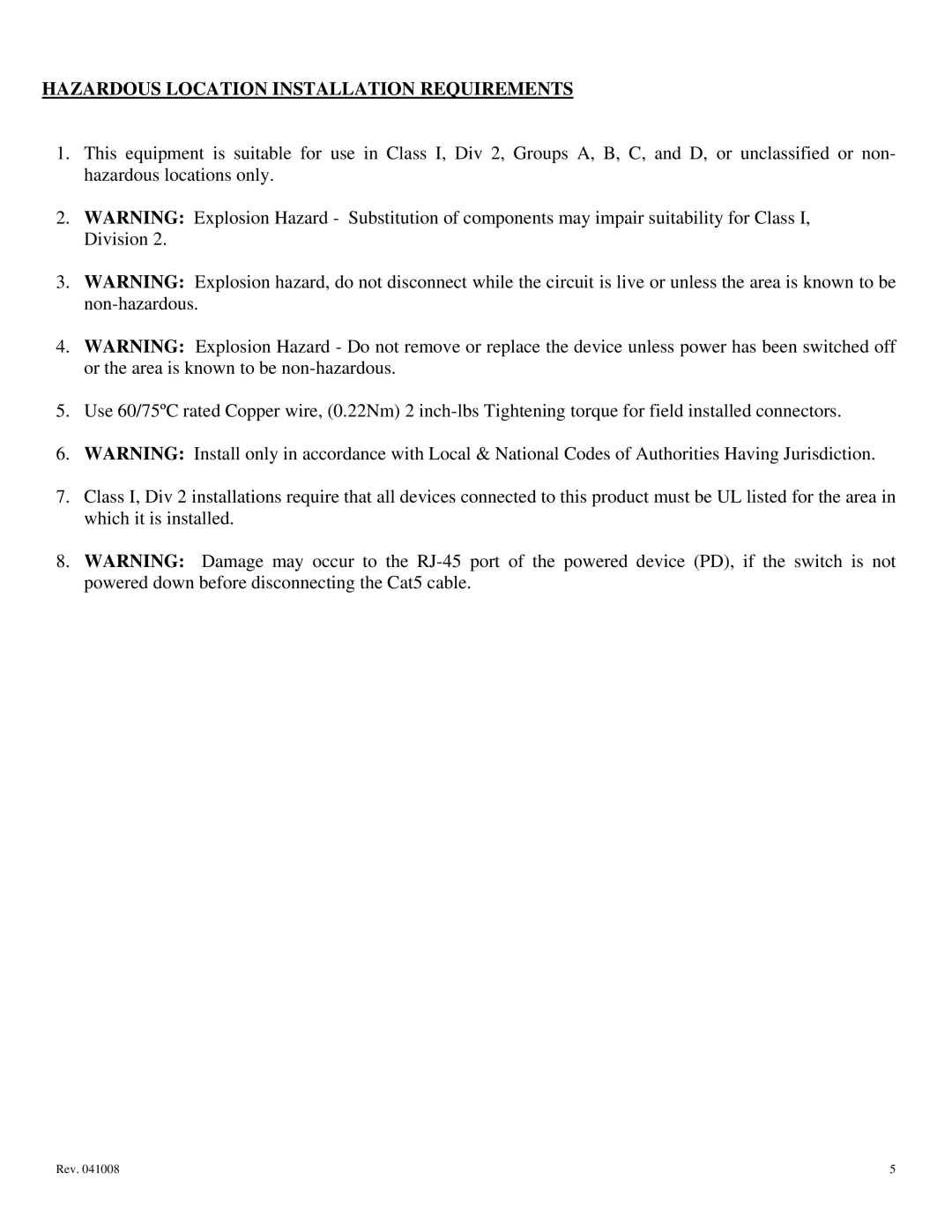 N-Tron 105FX-POE, 105TX-POE user manual Hazardous Location Installation Requirements 