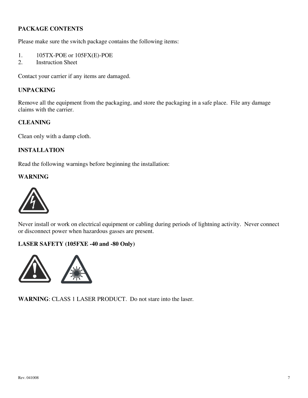 N-Tron 105FX-POE, 105TX-POE user manual Package Contents, Unpacking, Cleaning, Installation 